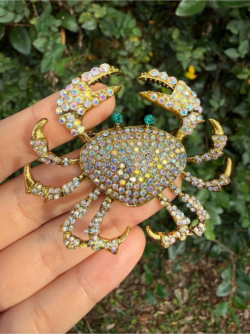 Gold-Tone Crystal Crab Brooch — Iridescent Blue Accent